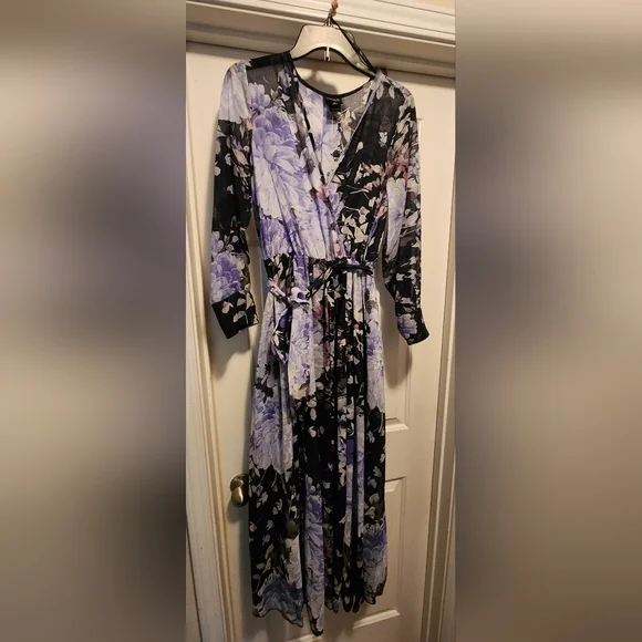 alexa b nites maxi dress Alexa B Nites Sz 12 Sparkly navy floral maxi dress with cuffed sleeves and  sash